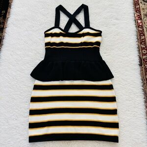 SLY Navy Blue/White/Yellow Knitted Stretchy 100%Cotton Mini Dress size Small
